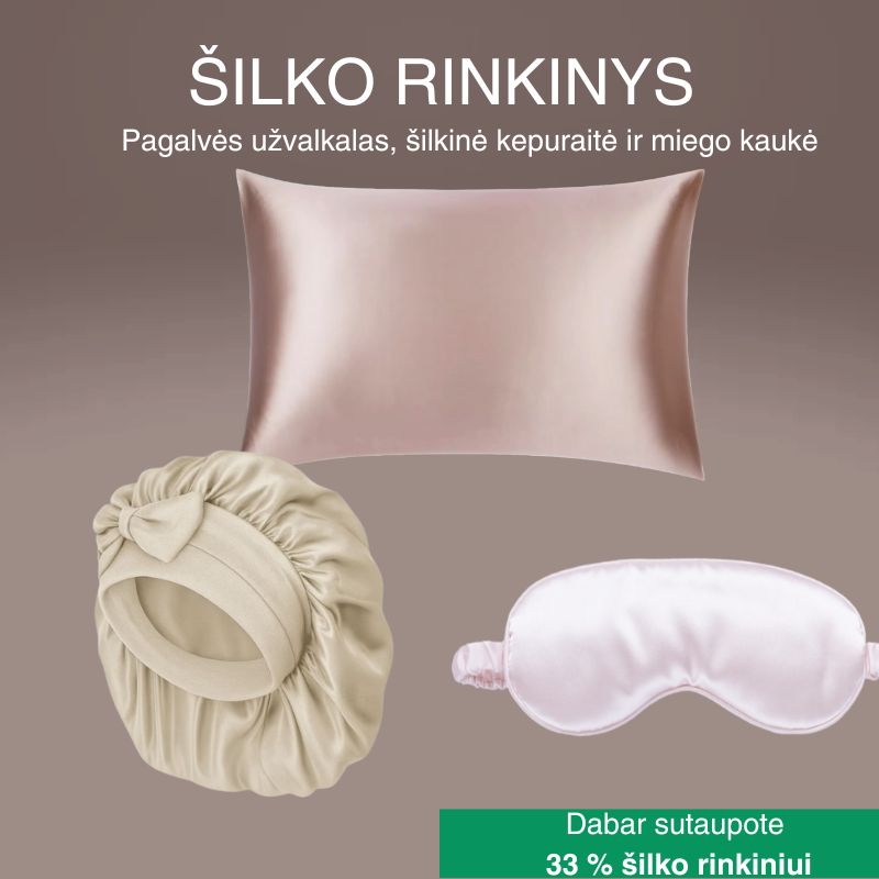 ŠILKO RINKINYS | Pagalvės užvalkalas, bonetas ir miego kaukė